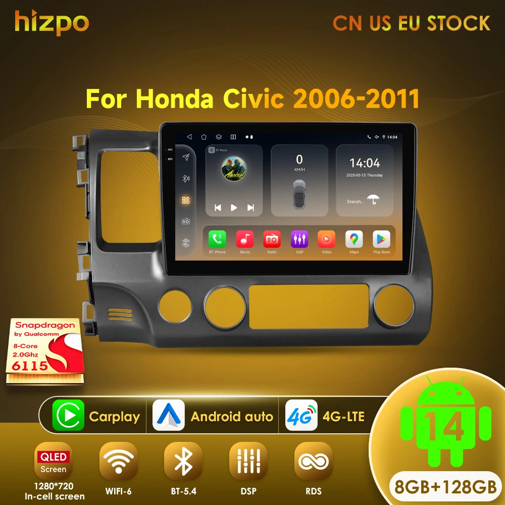 

Hizpo AI Voice 4G LTE 2 Din Android 14 Автомобильный радиоприемник Мультимедийный плеер для Honda Civic 2006-2011 Авторадио Carplay GPS Видео Стерео