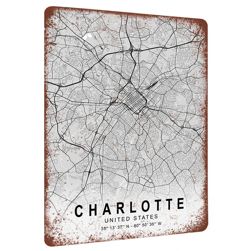 Charlotte United States City Map Metal Artwork Modern Urban Decor for Living Room Office