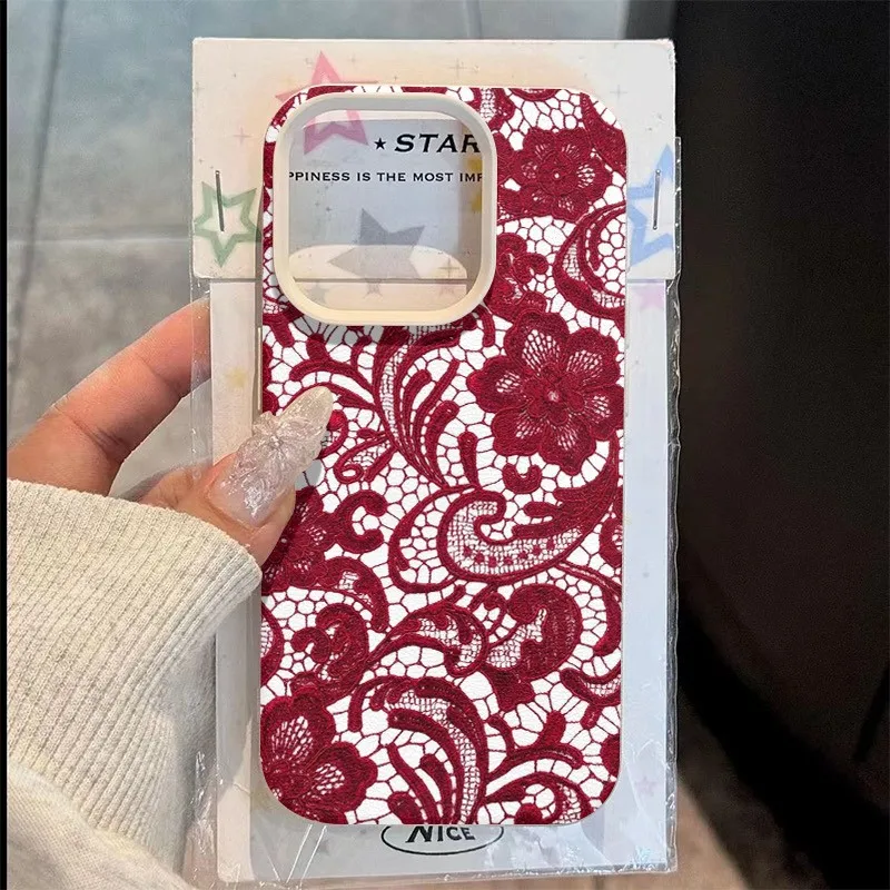 

Red Lace Trendy Brand Pattern Full Coverage TPU Lychee Phone Case for Iphone 17 16 15 14 13 12 11 Pro Max X XS XR 8 7 Plus Cover