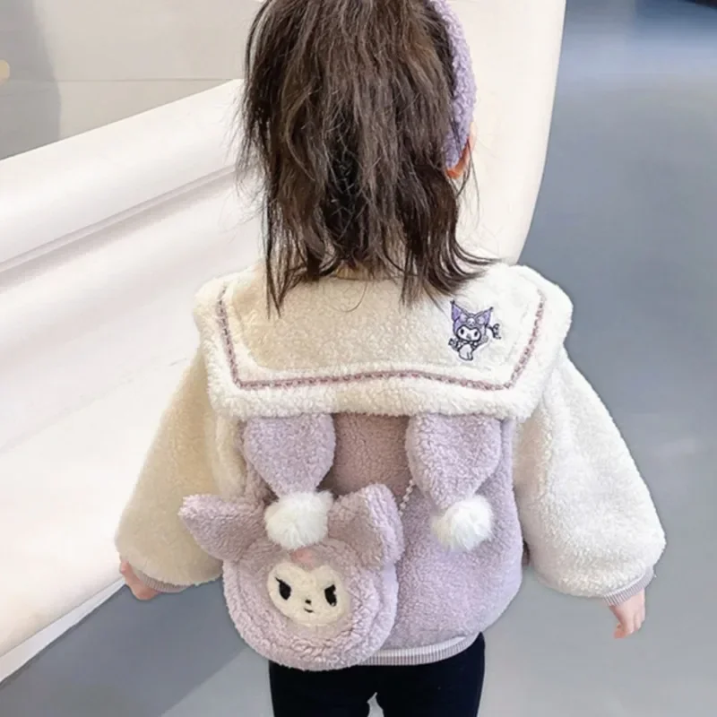 Sanrios Kuromi Anime Kawaii Girls Baseball Jacket Autumn/Winter Cartoon Cute Princess Style Warm Wool Sweater Top Christmas Gift