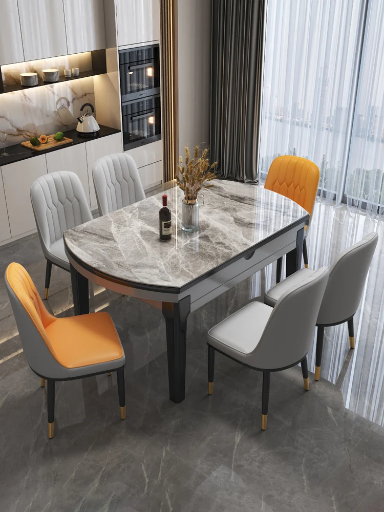 

Rock slab dining table and chair combination home dining modern simple light luxury folding High Quality