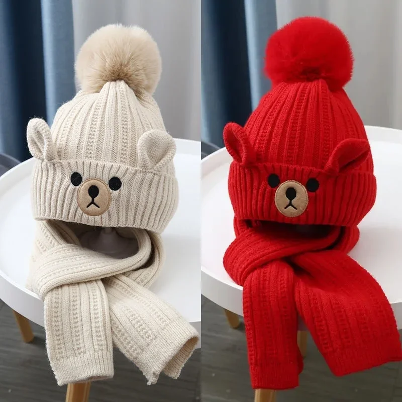 Cartoon Bear Crochet Bonnet for Toddler Warm Kids Beanie Scarf Set Boy Girl Outdoor Autumn Winter Hat Scarf Set Newsboy Cap