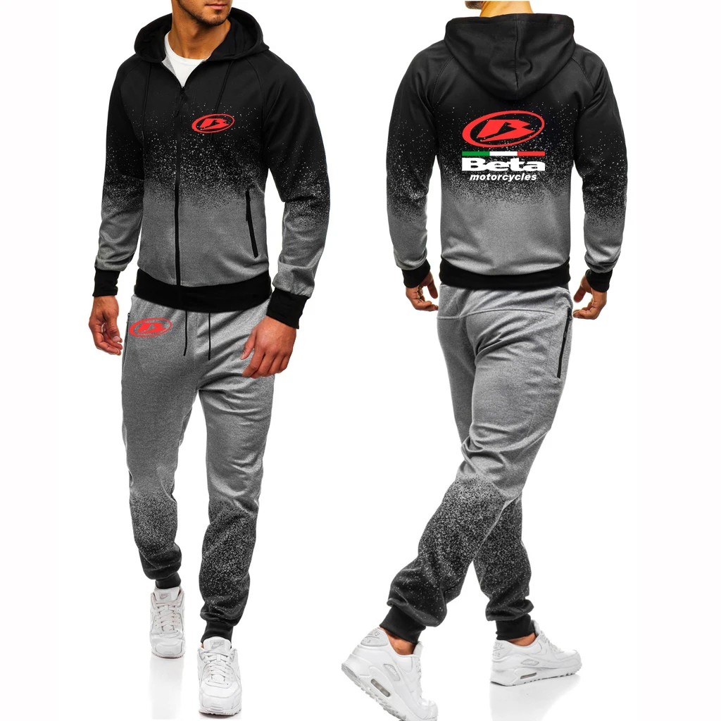 2023 Man's New Autumn Beta Racing Motocross Motorcycle Logo Print Gradient Color Hooded Sweatshirt+Sport Drawstring Trousers Set