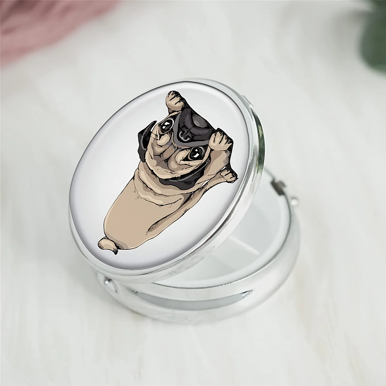 Cute Pug Dog Round Pill Box,Household Portable Medicine Storage Box,3-grid Sub-packaging Medicine Box,For Outdoor Travel