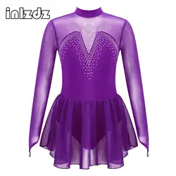 Kids Girls Figure Ice Skating Roller Skating Dance Leotard Dress Shiny Rhinestone Long Sleeve Performance Competition Costume