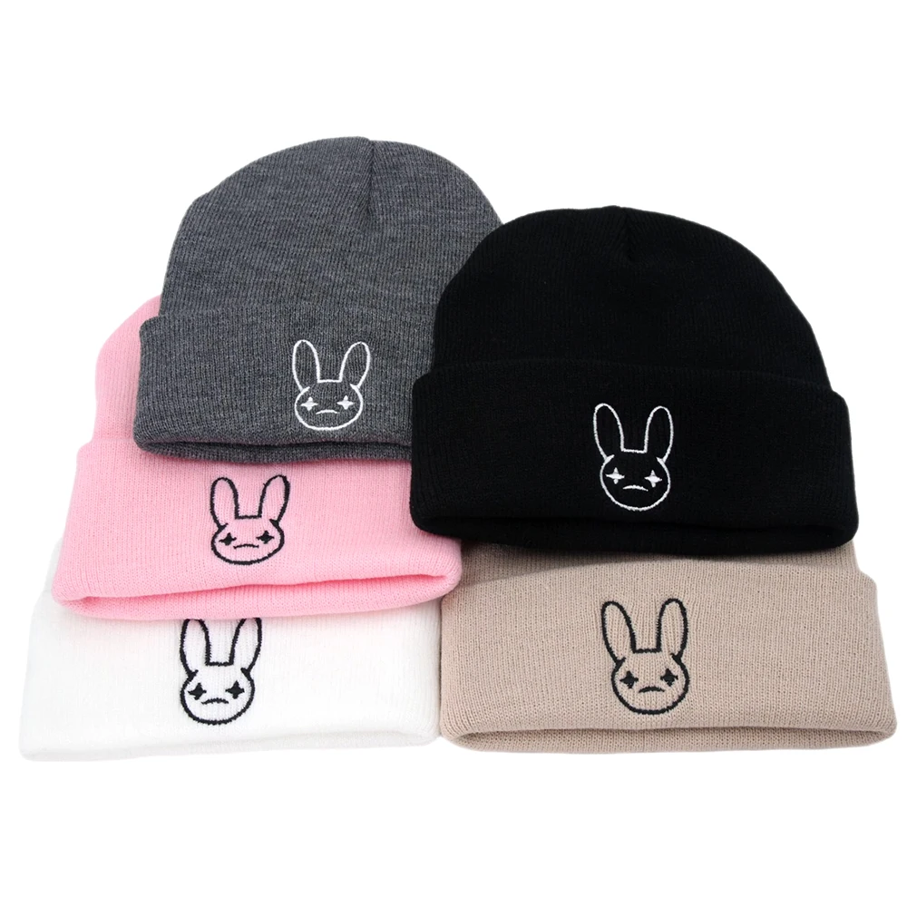 Bad Bunny Beanie Hat Embroidery Cartoon Rabbit head Knitted Hats Unisex  Winter Keep Warm Ski Cap