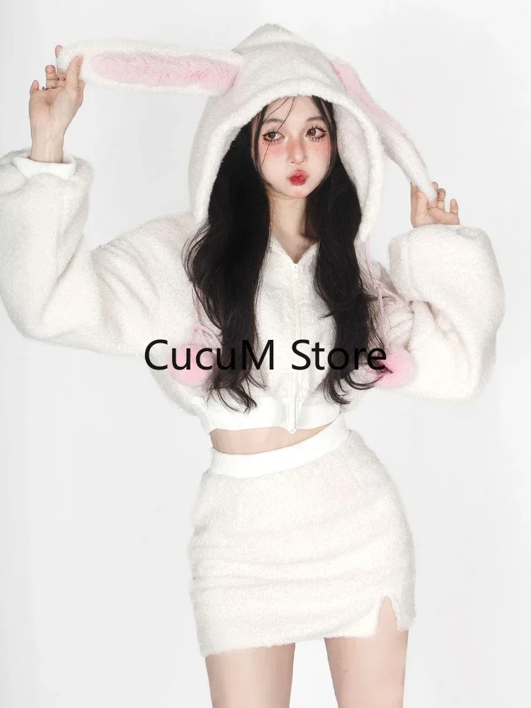 2024 New White Lolita Kawaii Two-piece Set Women Fluffy Casual Korean Style Cute Skirt Suit Hooded Top + Sweet Mini Skirt Chic