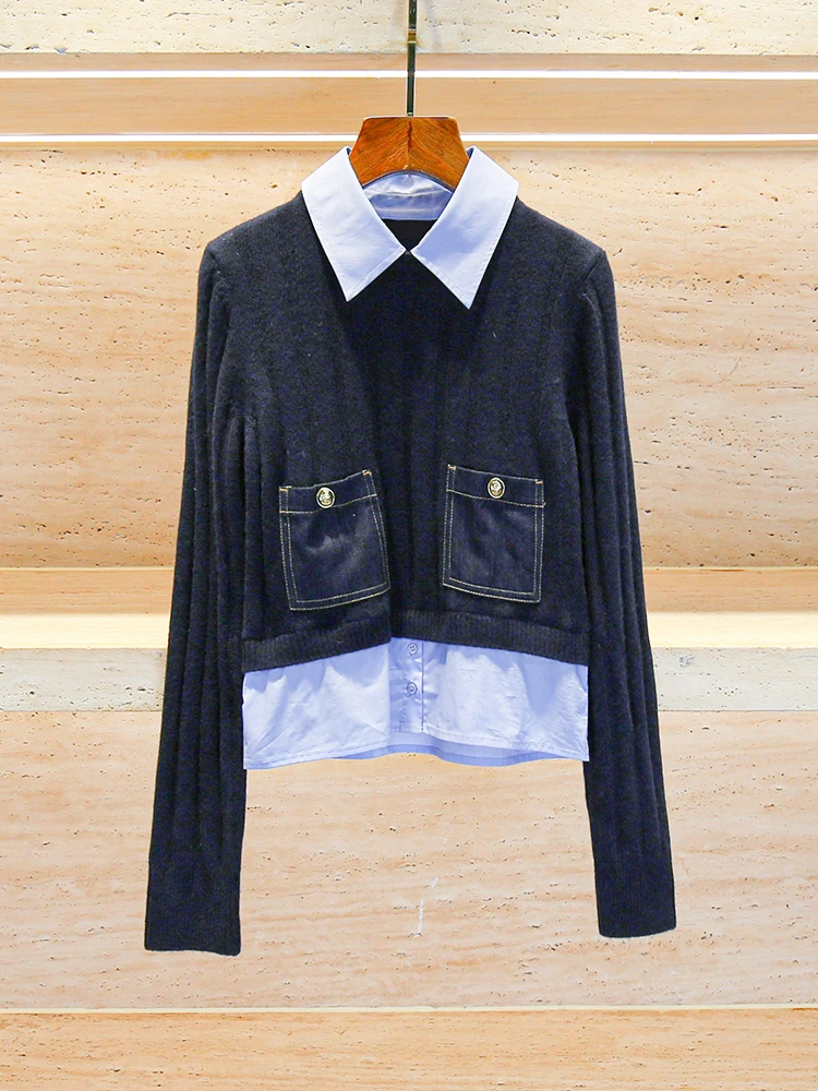 

SIVOS High-End Women's Knitted Top Fake Two-Piece College Sle Long Sve Collar Regular Fit Polyester Fiber