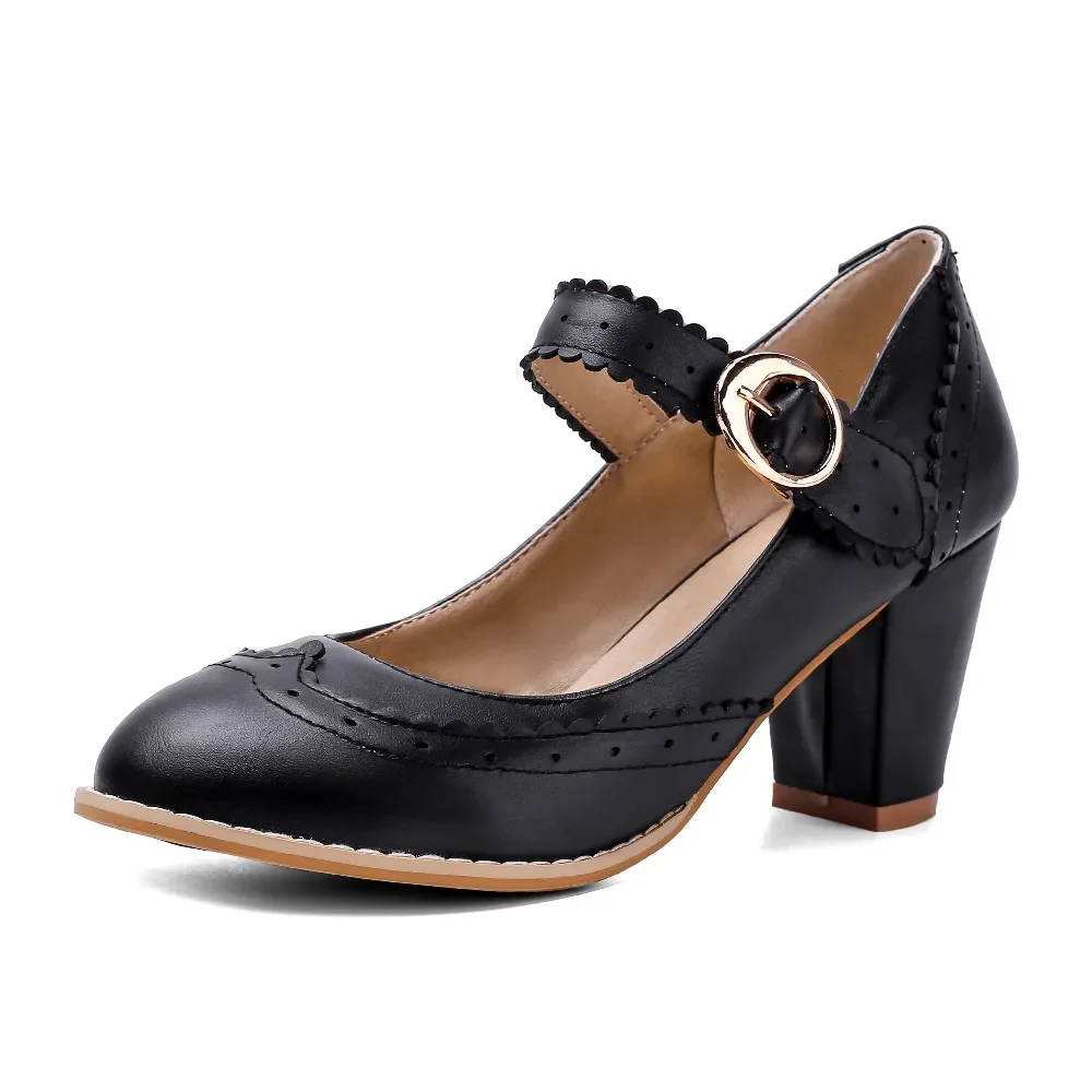 

Розовые женские туфли-лодочки на высоком блочном каблуке 7 см, синие, черные, винтажные, с резьбой, для вечеринки, офиса, для женщин, с круглым носком, с пряжкой и ремешком, модельные туфли