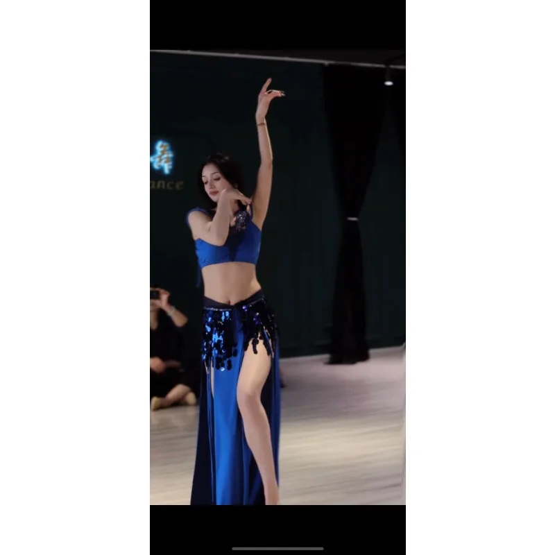 カスタマイズされたベリーダンス衣装新しいセットパフォーマンスドレスクラスドレスセクシーな気質練習服ブルーレース初心者
