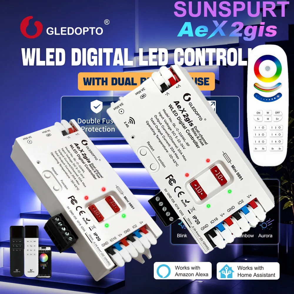 GLEDOPTO AeX2gis Dual-Channel WLED Digital LED Controller,WIFI & 2.4G RF Remote Control,Dual 10A Fuse & Relay Protection,20A Max