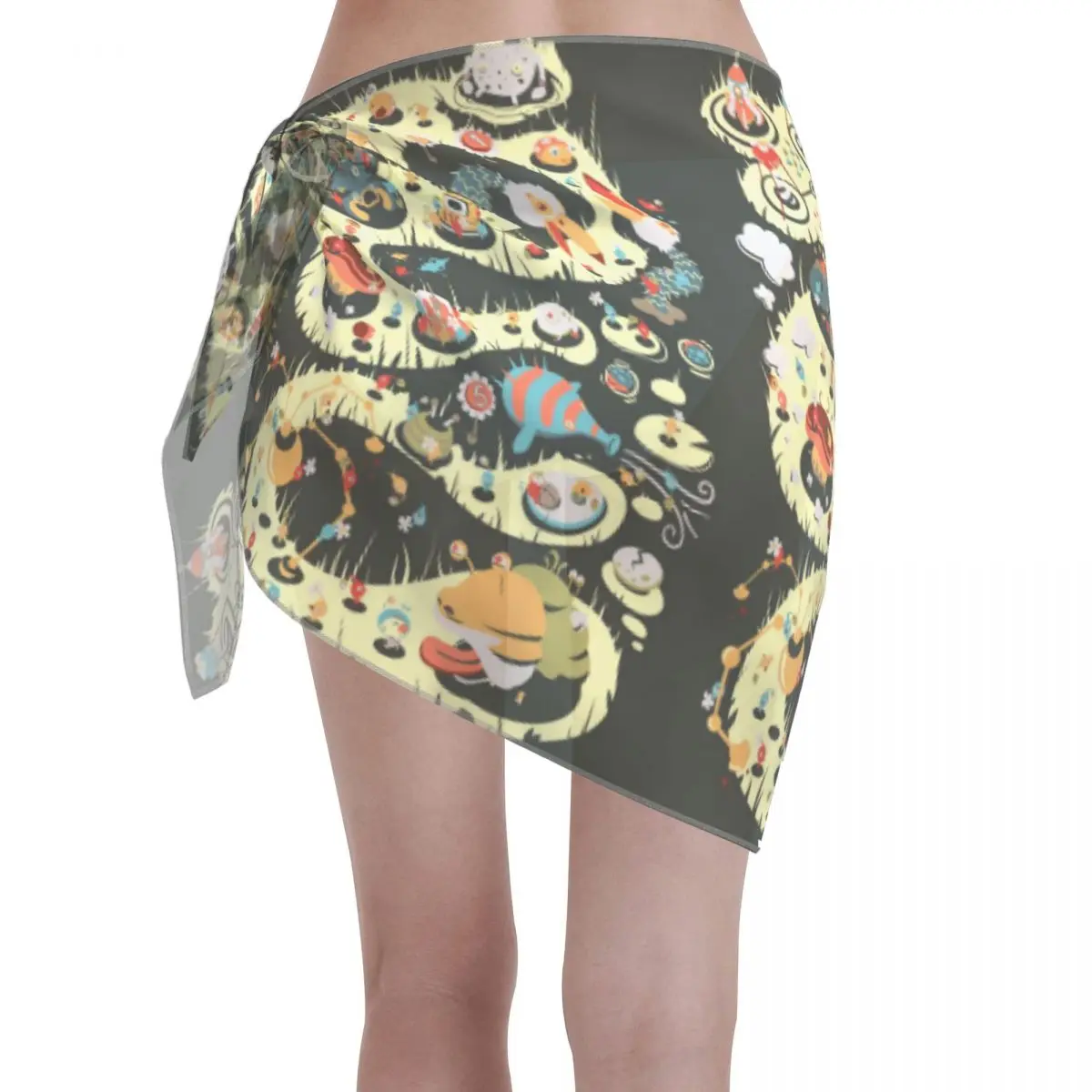 Custom Cartoon Pikmins Play Game Beach Bikini Wrap See-Through Bikini Beach dress Short Skirt Chiffon Scarf Cover up For Women