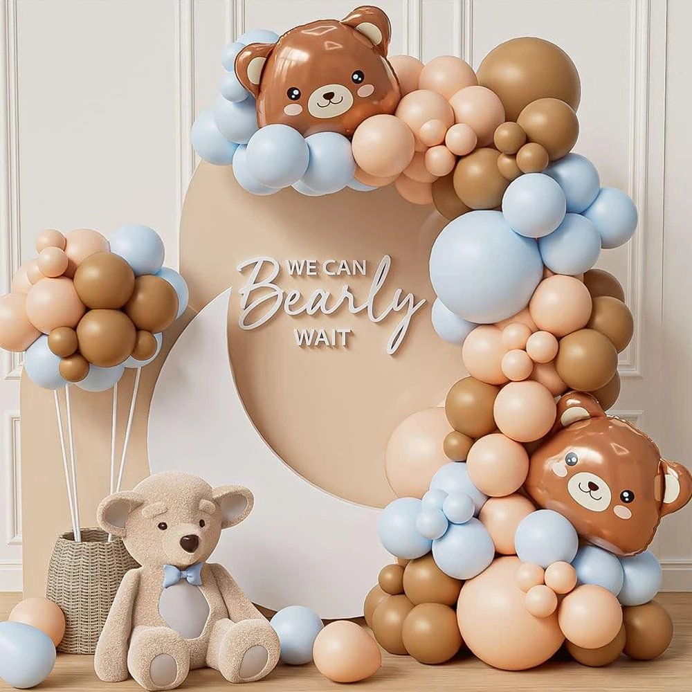 98pcs Brown Bear Balloon Garland Kit Blue Pink We Can Bearly Waits Bear Theme Birthday Party Boy or Girl Baby Shower Decorations