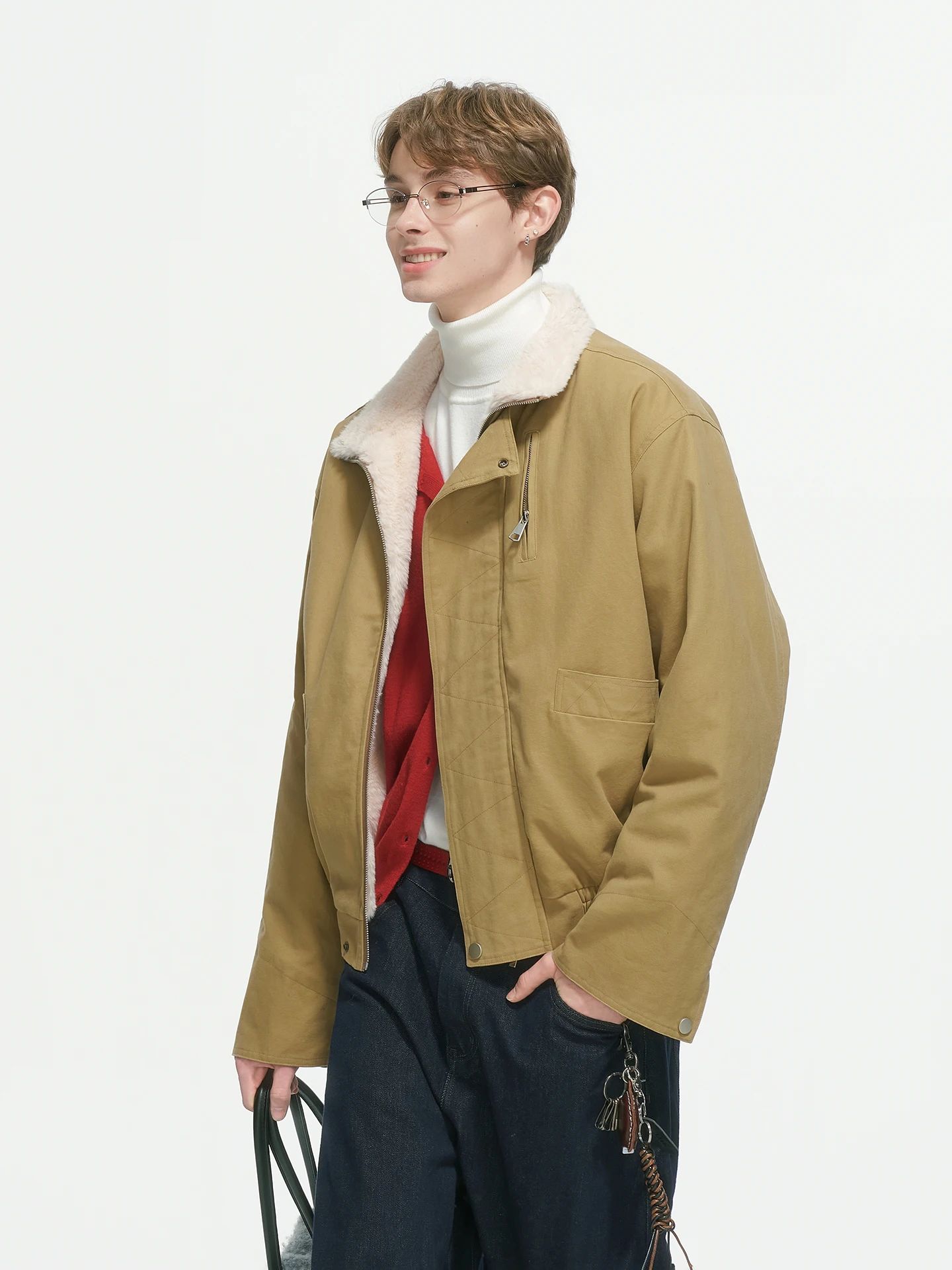 Dream Made American Retro Thickened Cotton Jacket Men's Winter Fleece Lined Workwear Flight Outerwear Boxy Style Casual Coat