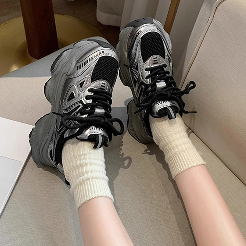 Oulylan موضة سميكة سوليد الأحذية الرياضية السيدات عادية الدانتيل يصل احذية الجري الربيع تنفس عدم الانزلاق أحذية رياضية 35 إلى 40 #4