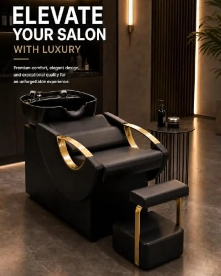 Shampoo Bowl Chair Set Salon Shampoo Seat Footstool Deep ABS Basin Soft Neck Rest 450lbs Load Capacity PU Leather Ideal Spas Bar