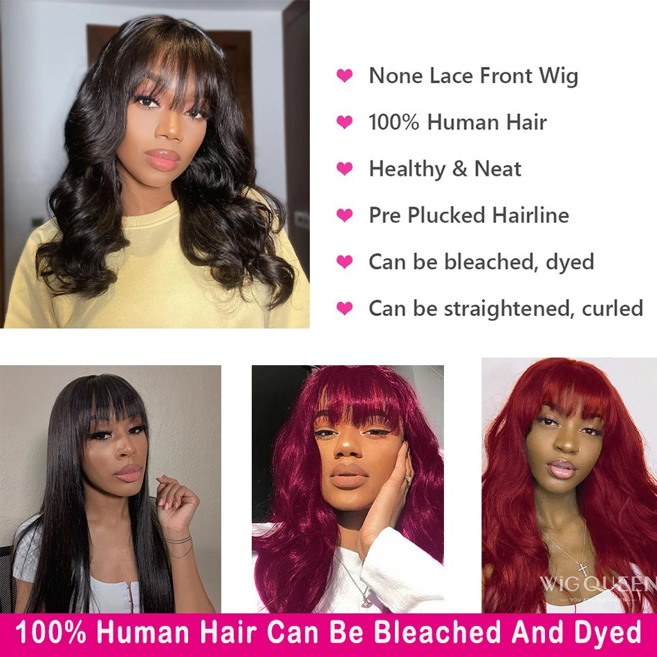 Body Wave Fringe Wig Long Human Hair Wigs With Bangs Brazilian Full Machine Made Wig With Bang Brazilian Virgin Hair For Women