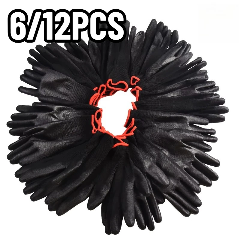 

6/12 шт., перчатки с черным покрытием, нейлоновые перчатки из искусственной кожи, деревообработка, садоводство, обслуживание автомобилей, противоскользящие и пыленепроницаемые, для ежедневного использования