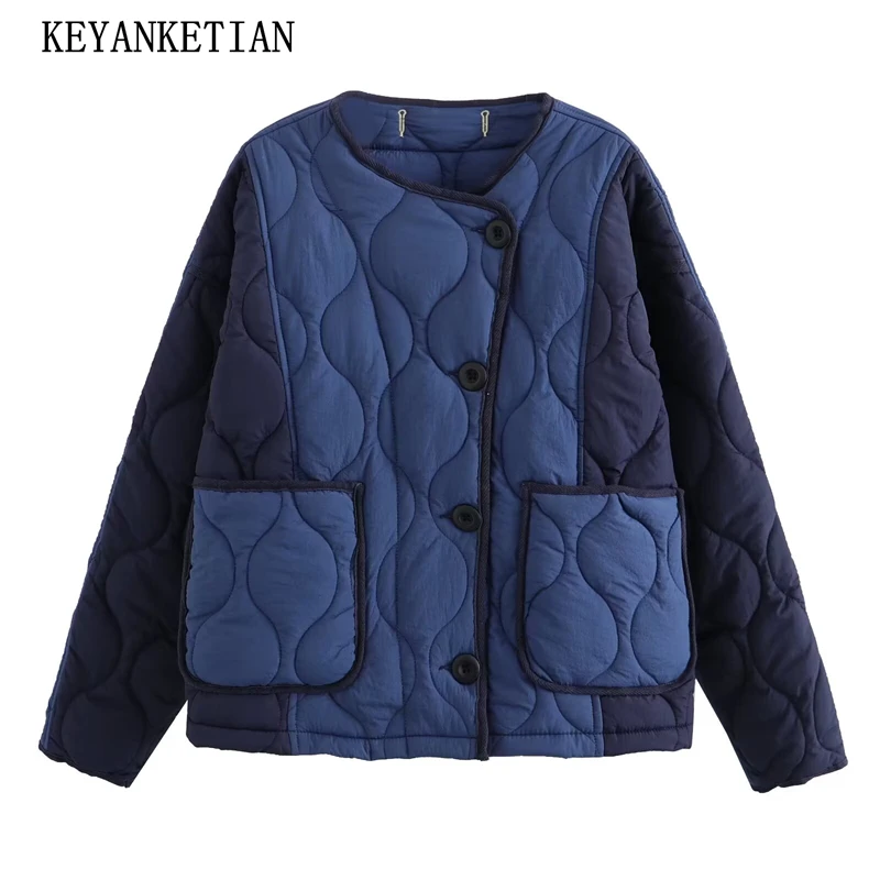 

KEYANKETIAN 2025 Winter New Women's Color Matching Patchwork Cotton-Padded Clothes Unisex style Single Breasted Loose Greatcoat