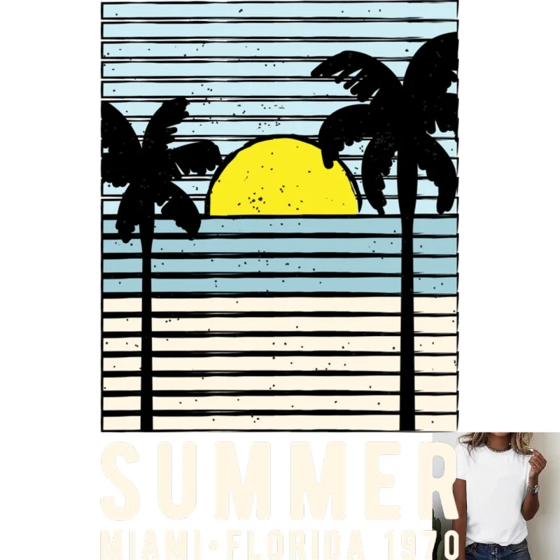 Parche Termoadhesivo con Diseño de Palmera y Atardecer en Miami Beach, Verano, con Tinta Blanca, Apto para Camisetas/Bolsas de Lona, Estilo Casual
