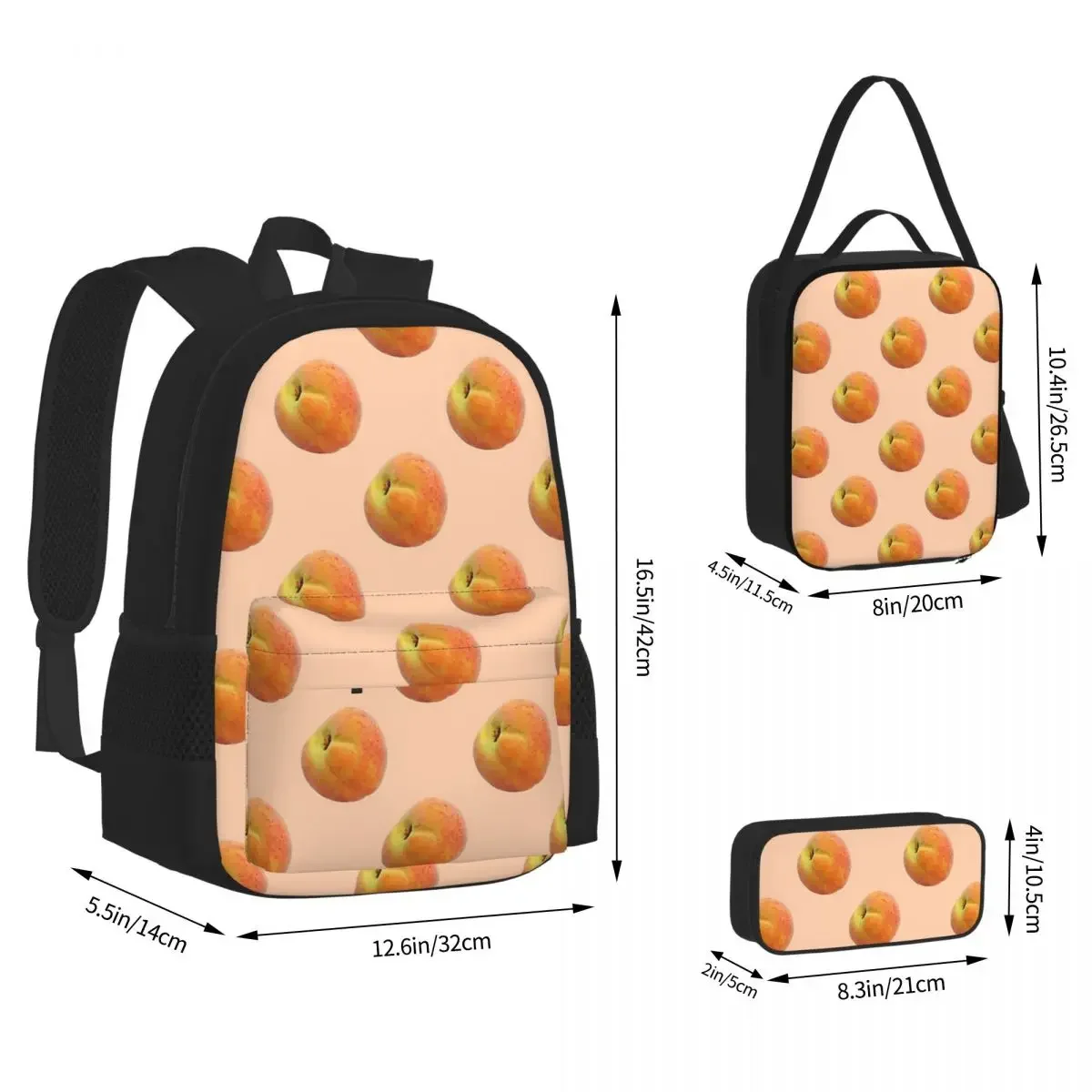 Real Peaches Repeating Pattern Backpacks Boys Girls Bookbag Students School Bags Kids Rucksack Lunch Bag Pen Bag Three-Piece Set