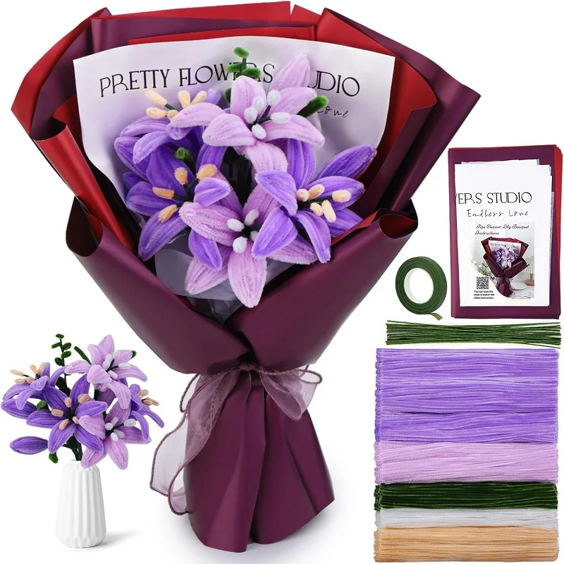 

Pipe Cleaners Craft for Supplies Bouquet Flower Craft Kit with Step-by-Step Video for Birthday Wedding Festival Decoration