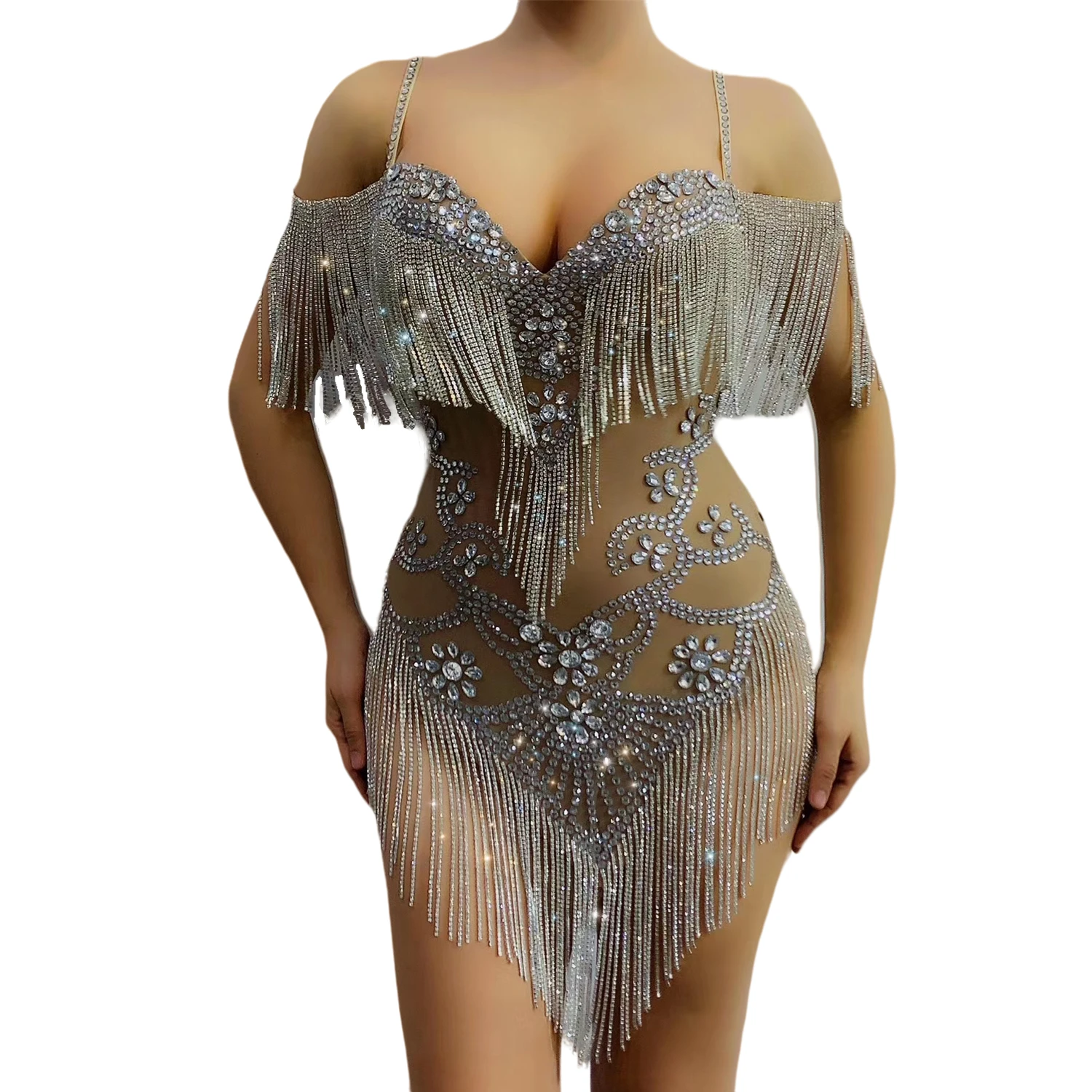 Shining Tassel Rhinestone Party Bodysuit Women Sexy Fringes Crystal Latin Dance Dress Nightclub DJ Singer Dancer Stage Outfits