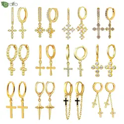 925 Sterling Silver Needle Fashion Cross Pendant Hoop Earrings for Women Vintage Gold Color Small Earrings Luxury Jewelry Gifts
