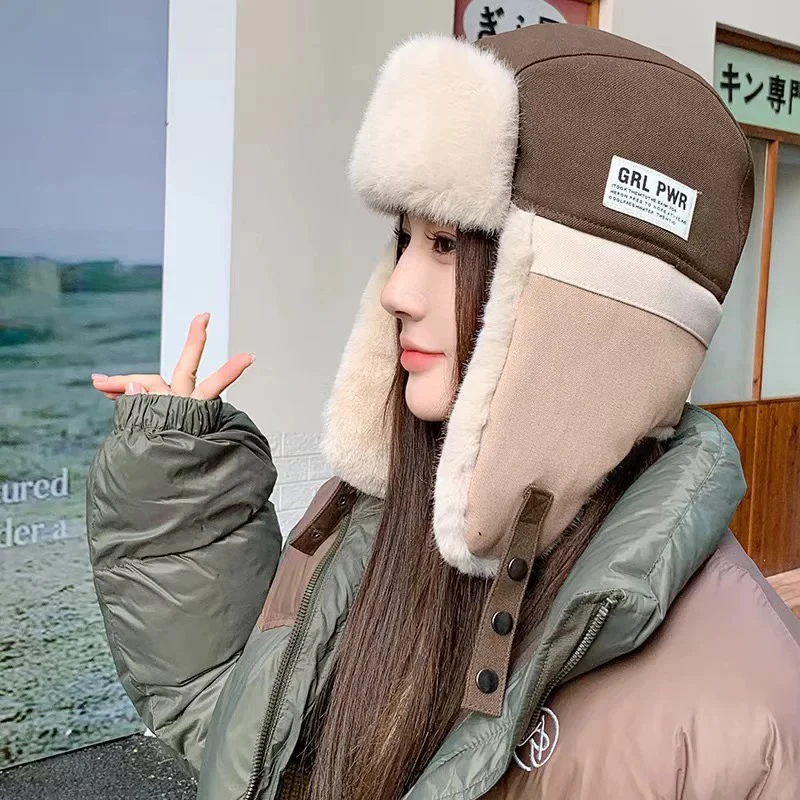 Autumn and Winter Unisex Color Block PATCH Letter Bomber Hats Warm Korean Versatile Pilot Hats Fashion Outdoor Simple Retro ins