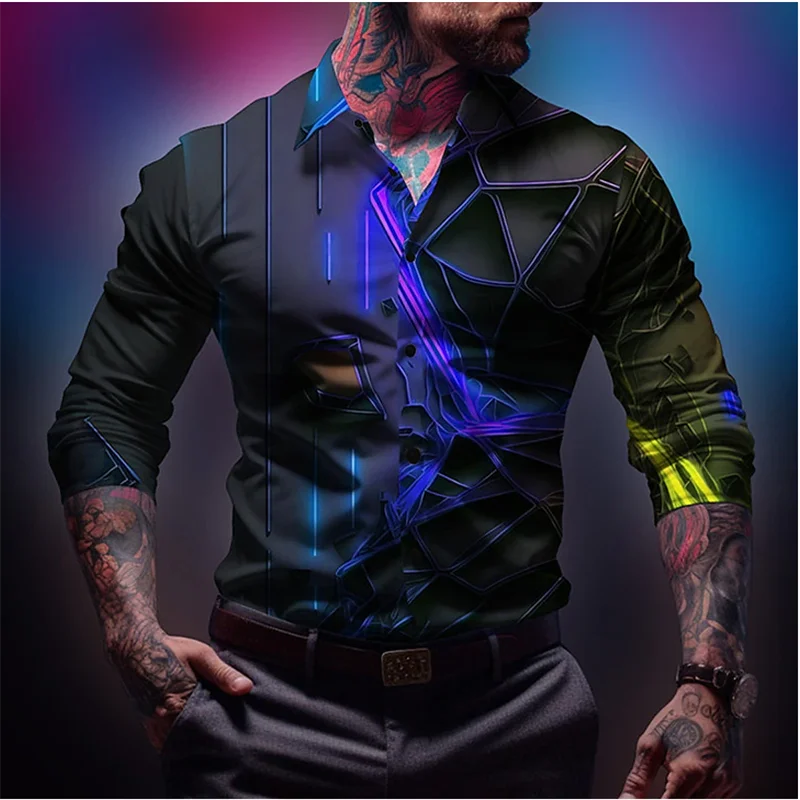 Men's Button Lapel Phoenix Flame Shirt Fashionable Casual Geometric Outdoor Party Soft and Comfortable 2024 New Plus Size