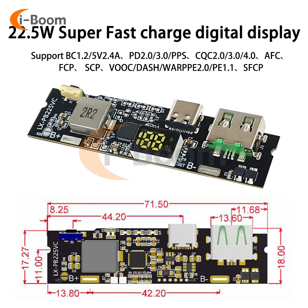 22.5w Two-Way Fast Charging Mobile Power Module Diy Motherboard Battery Level Digital Display USB/type-c Port Support Vooc