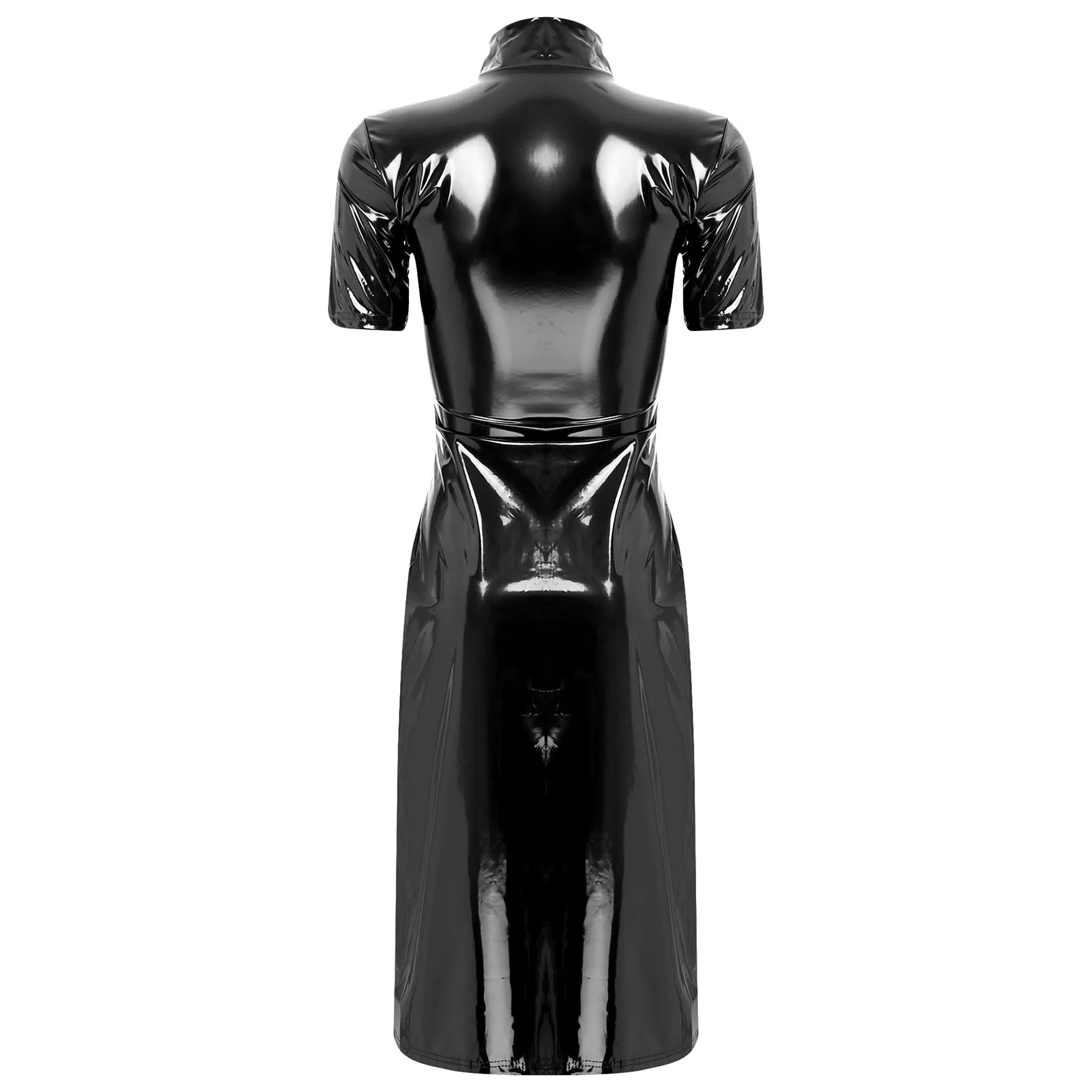 Womens Wet Look Patent Leather Bodycon Dress Clubwear Latex Jacket Dress Stand Collar Short Sleeve Front Zipper Split Dress