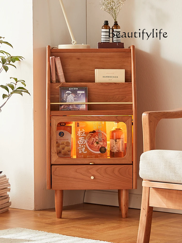 Books and Newspapers Locker Cherrywood Solid Wood Small Bookshelf Multi-Functional Living Room  Storage Nordic Corner Cabinet