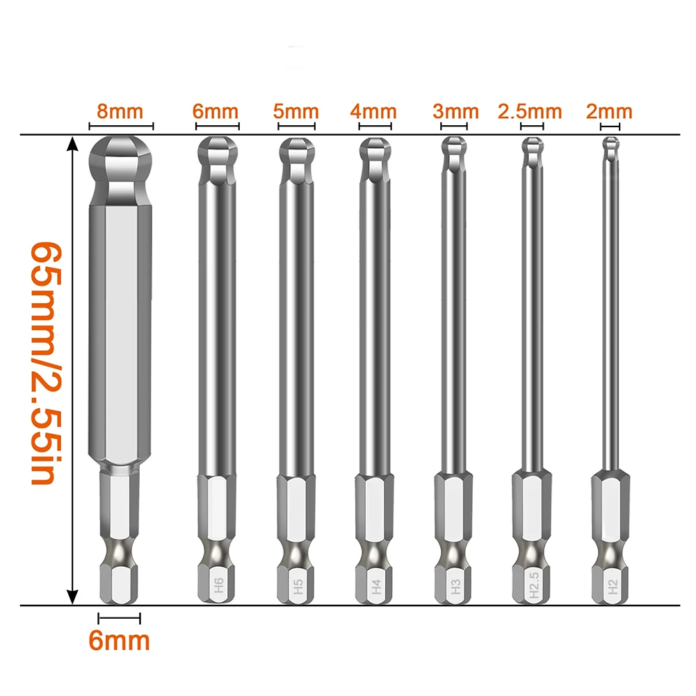 Ball End Hex Screwdriver Bit Metric Hex Bit 65mm Long Magnetic Driver Bit Electroplating Anti-rust Electric Screwdriver Set