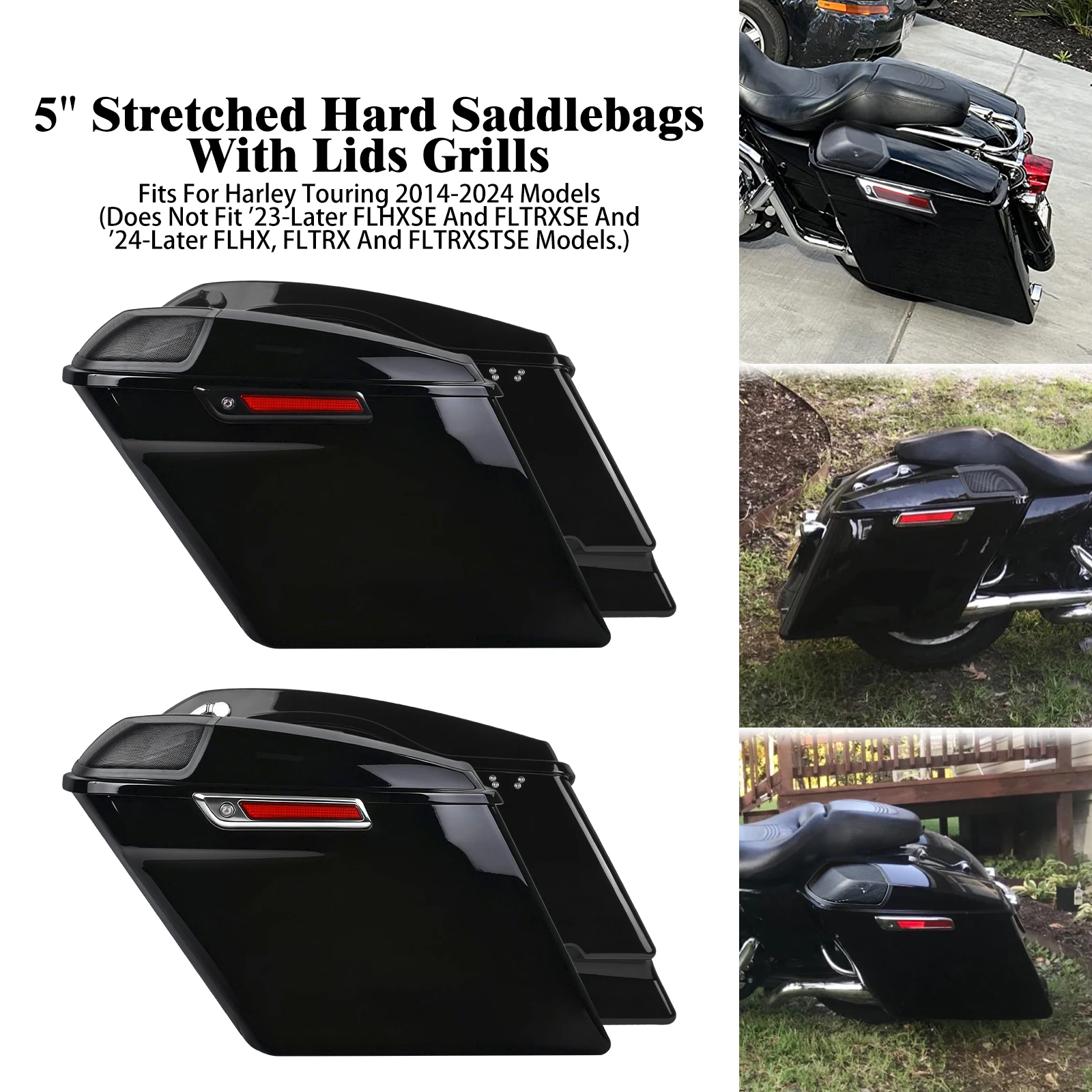 

Motorcycle 5" Stretched Hard Saddlebags With Speaker Lids Grills Extended Bags For Harley Touring Electra Glide Road King 14-24
