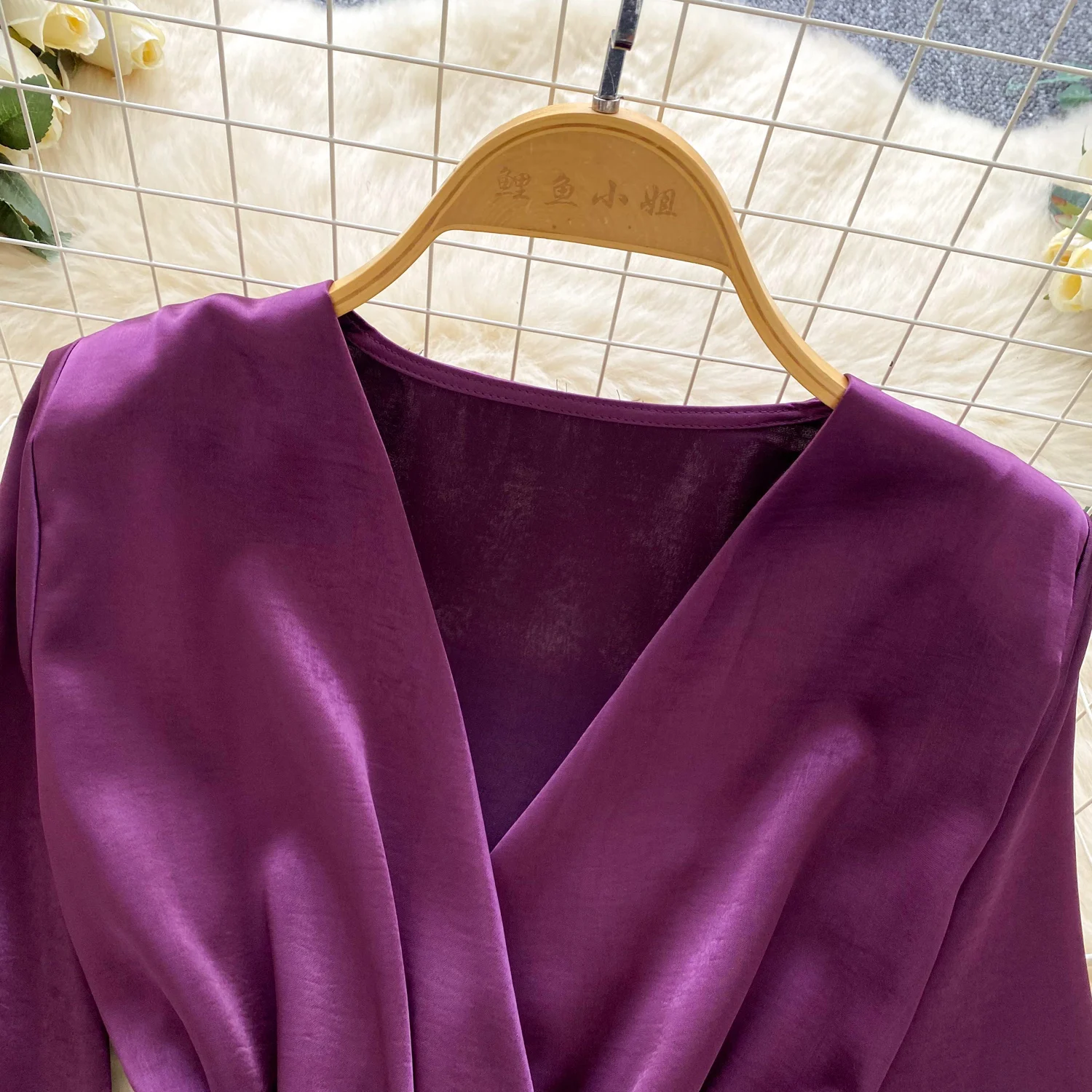 Chique sexy elegante satijnen V-hals ruches met lange mouwen A-lijn fee herfst vestidos deel dameskleding