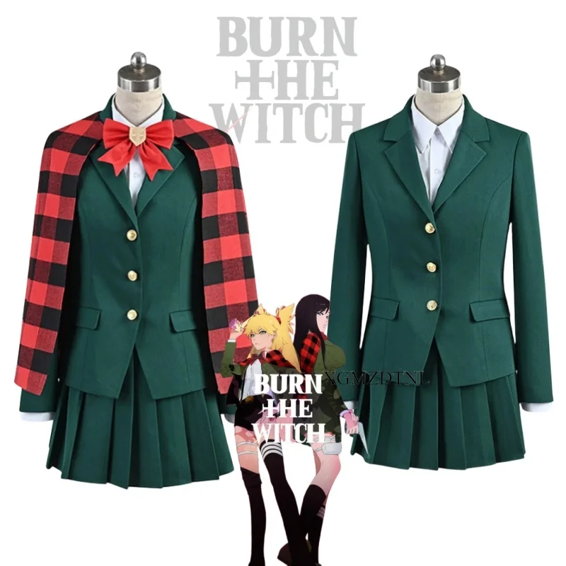 

Anime BURN THE WITCH Noel Niihashi Ninny Spangcole Cosplay Costume Witch Green Suit Plaid Cloak Cute Halloween Roleplay Dress