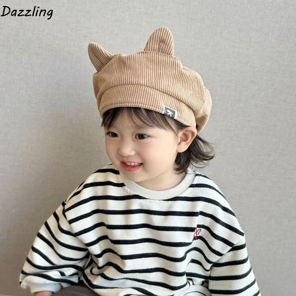 

Fashion Cute Baby Corduroy Beret Korean Boy Girl Cat Ear Beret Flat Top Sweet Duck Tongue Cap Kids