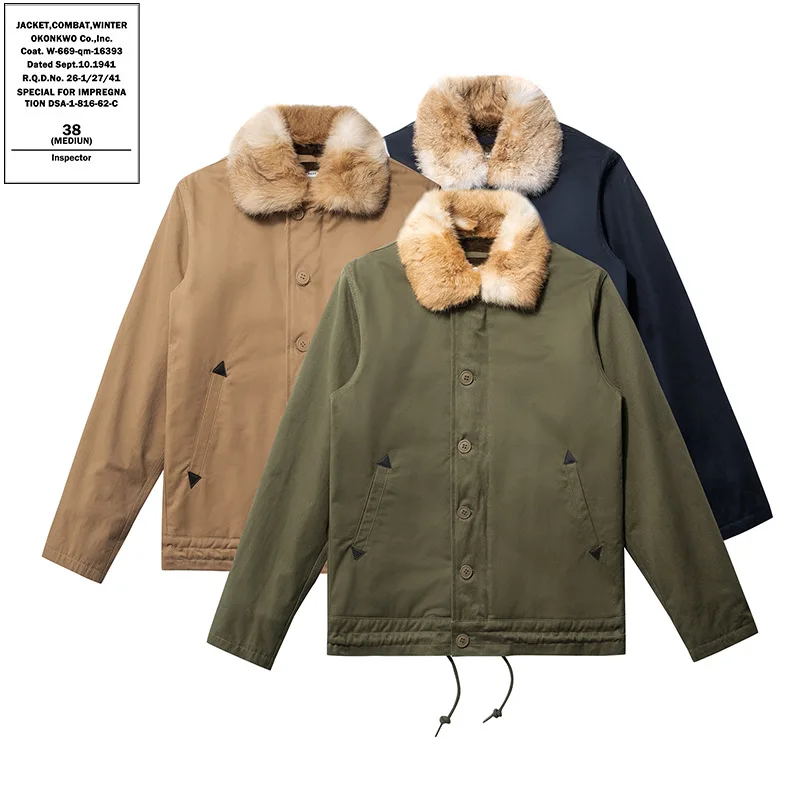 

OKONKWO Темно-синяя куртка N-1, костюм-переноска, КУРТКА DECK, однотонная хлопковая куртка с воротником из кроличьего меха N1