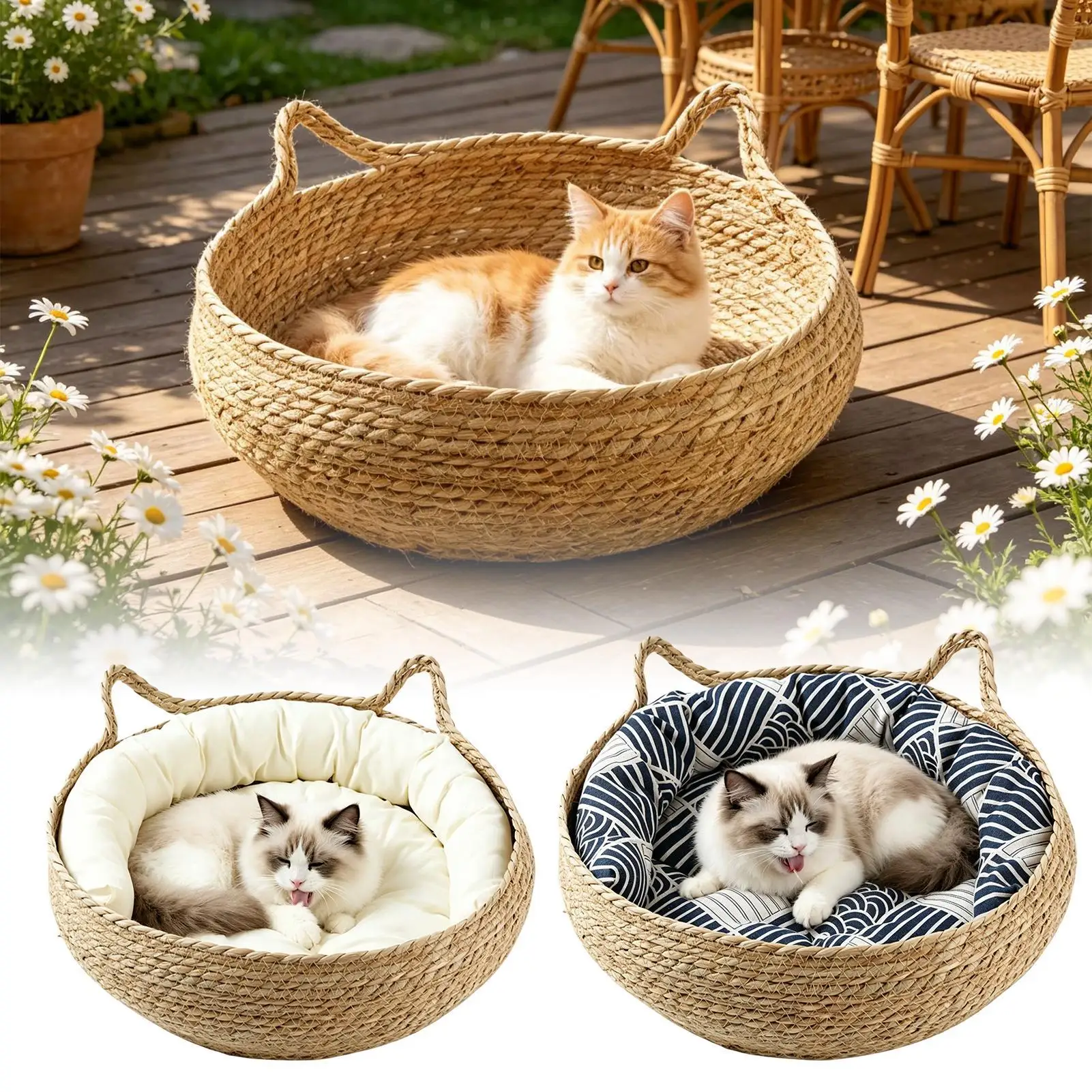 

Woven Pet Cat Nest Bed Natural Breathable Portable Washable Nests Cat Ears Shape Pet Bed With Washable Cushion for Sleeping