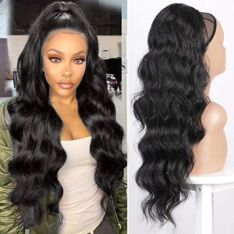 , European and American women's wig, high-temperature fiber drawstring ponytail hair extension, large wavy synthetic hairpiec