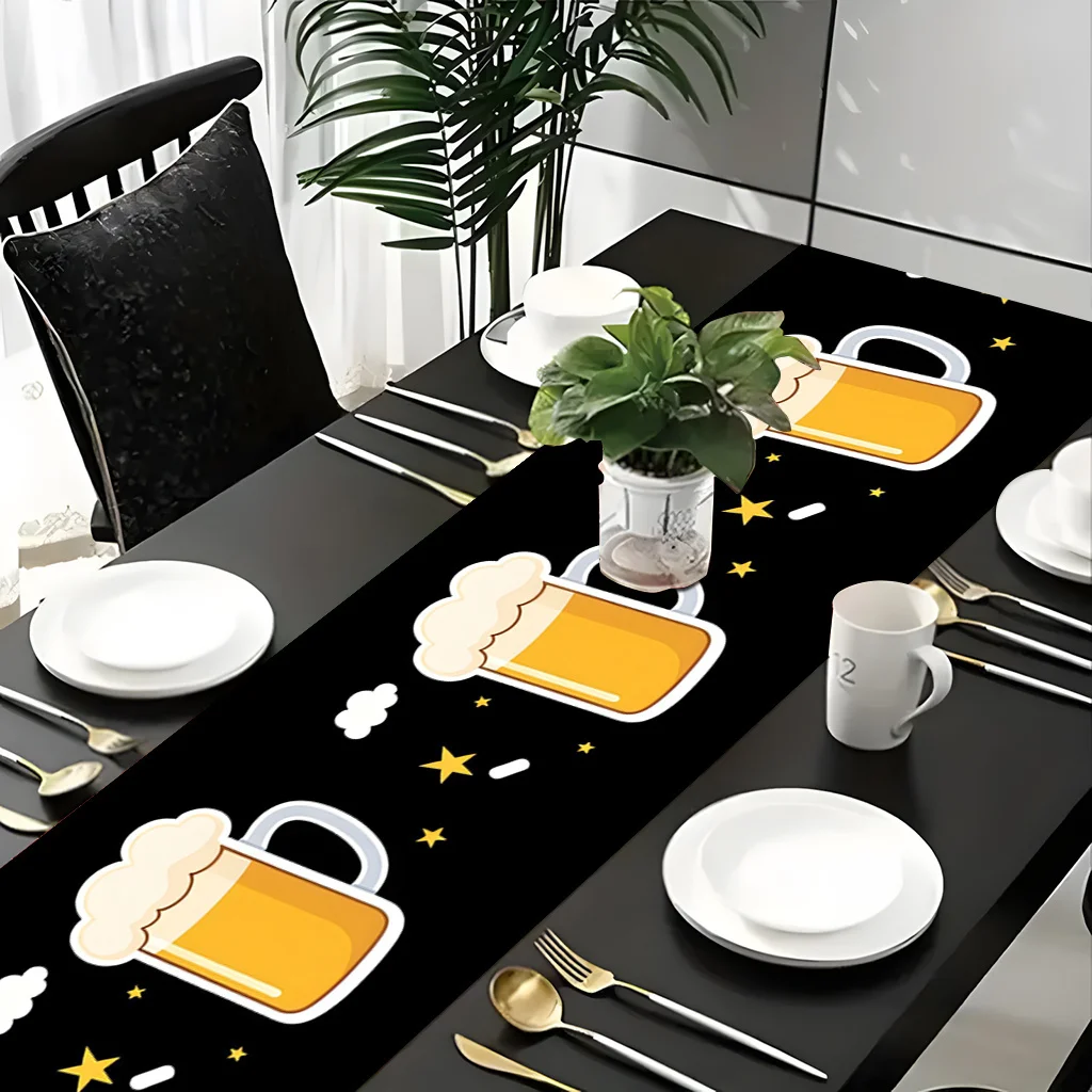 1pc 2D Flat Printed Table Runner Beer Mugs Pattern Tablecloth Polyester Fabric Holiday Table Cover Birthday Party Decoration