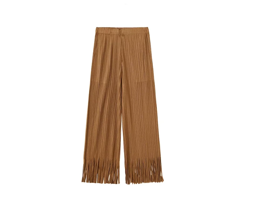 New hot-selling high-waisted straight-leg pants solid color pleated tassel straight-leg pants IN STOCK