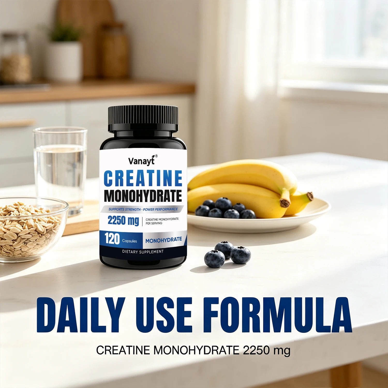 Vanayt Creatine Monohydrate Capsules 120 Count 2250mg Per Serving Pure Single Ingredient Daily Dietary Supplement for Active Adults