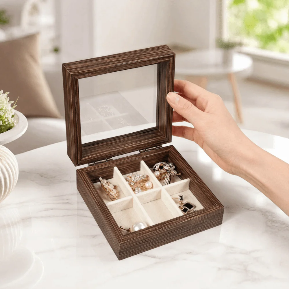 Gift Glass Lid Wood Jewelry Box Dust-proof Velvet Interior Jewelry Organizer Convenient Durable Ring Display Holder Office