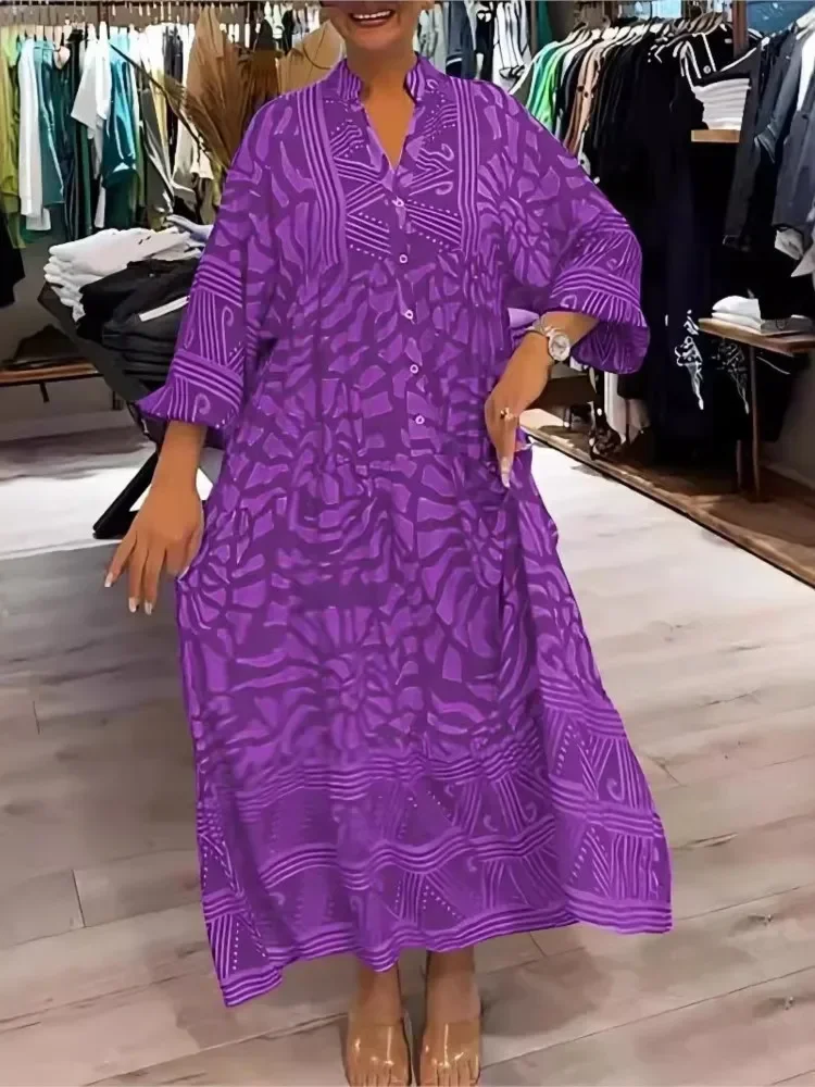 Abito da donna casual con stampa floreale Abito lungo elegante primaverile con scollo a V ampio Abito lungo autunno manica lunga Moda Boho Abiti lunghi