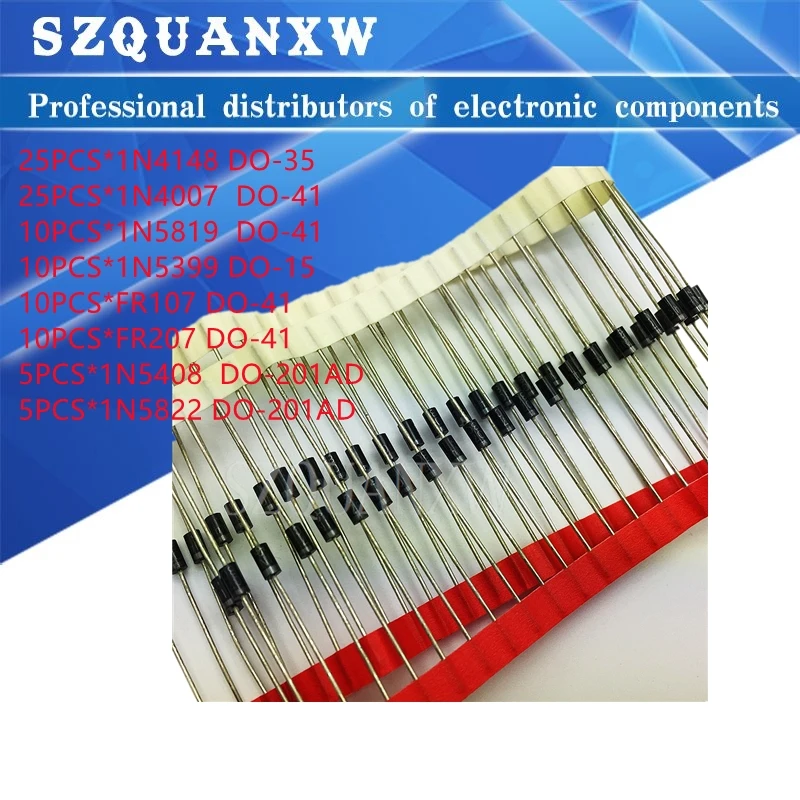 Fast Switching Schottky Diode kit set 1N4148 1N4007 1N5819 1N5399 1N5408 1N5822 FR107 FR207,8values=100pcs,Electronic Components