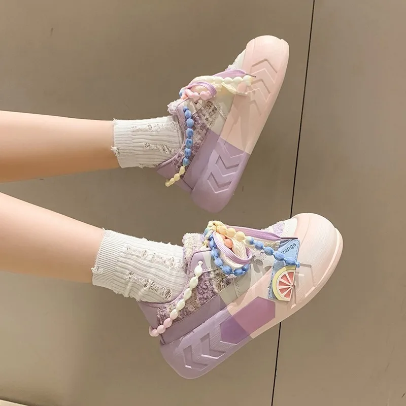 5CM damskie buty na wyprzedaży modne Kawaii z okrągłym noskiem sznurowane damskie buty wulkanizowane wiosna płaskie na zewnątrz oddychające damskie