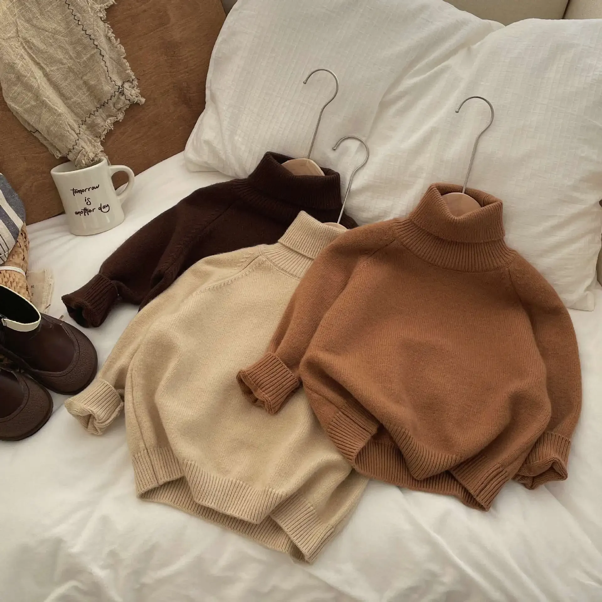 

Autumn Boy Girl Warm Sweaters Winter Kids Turtleneck Pullover Children Fashion Thernmal Knitwear Kids Solid Long-sleeve Clothes