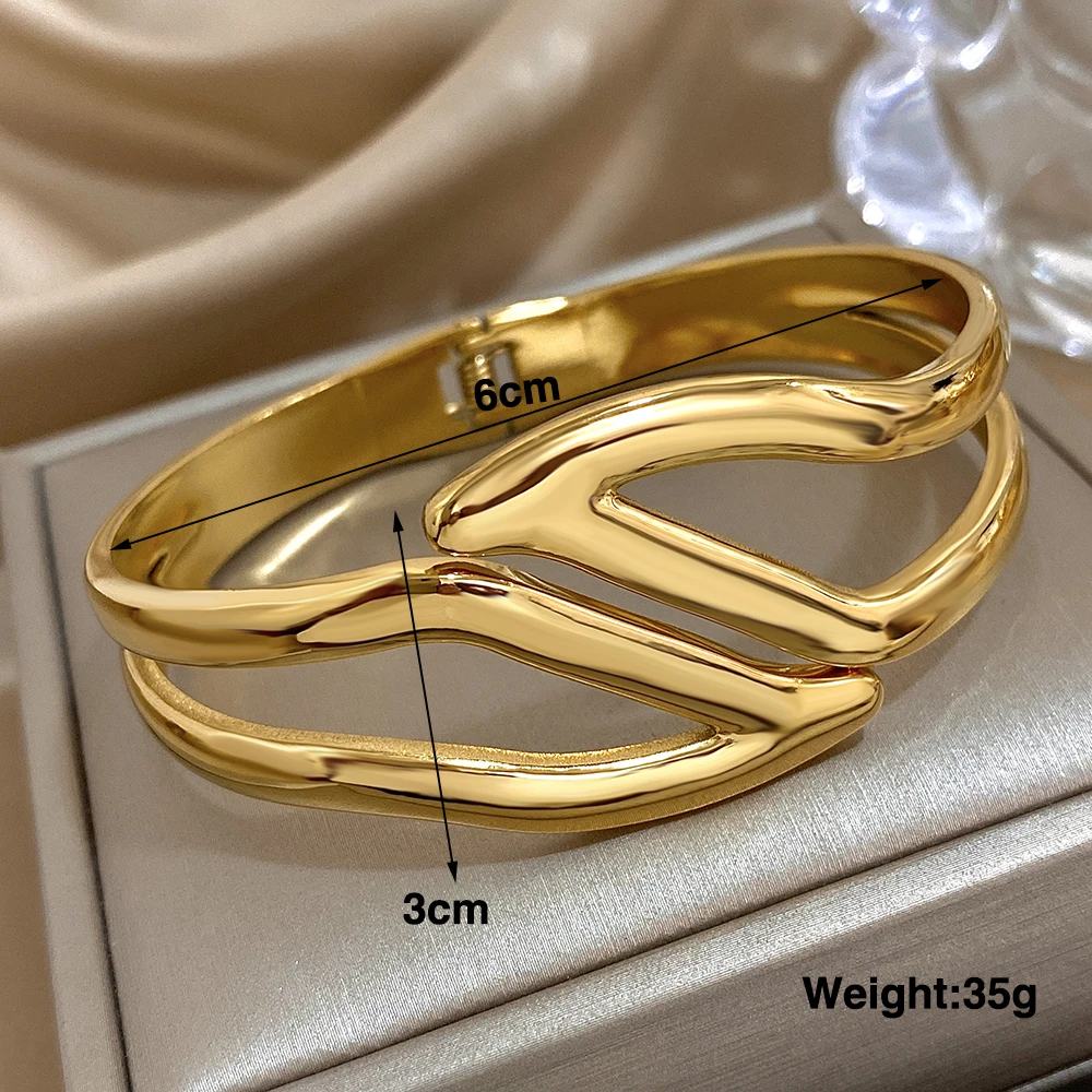 

Simple Chunky Greek Inspired Hollow Stainless Steel Bracelet Bangle for Women Cuff Waterproof Wide Irregular Geometry Jewelry